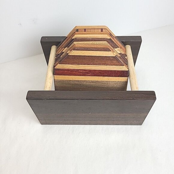 Set Of 8 Wooden Drink Coasters W/Holder Handmade USA Walnut Acacia Cherry Wood - Picture 15 of 16